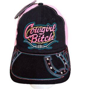 Cowgirl B!tch pink black six panel ball cap hat embroidered tribal design bling